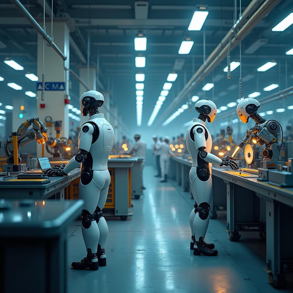 Futuristic factory robots performing human tasks illustrate automation-driven job displacement and its social impact.