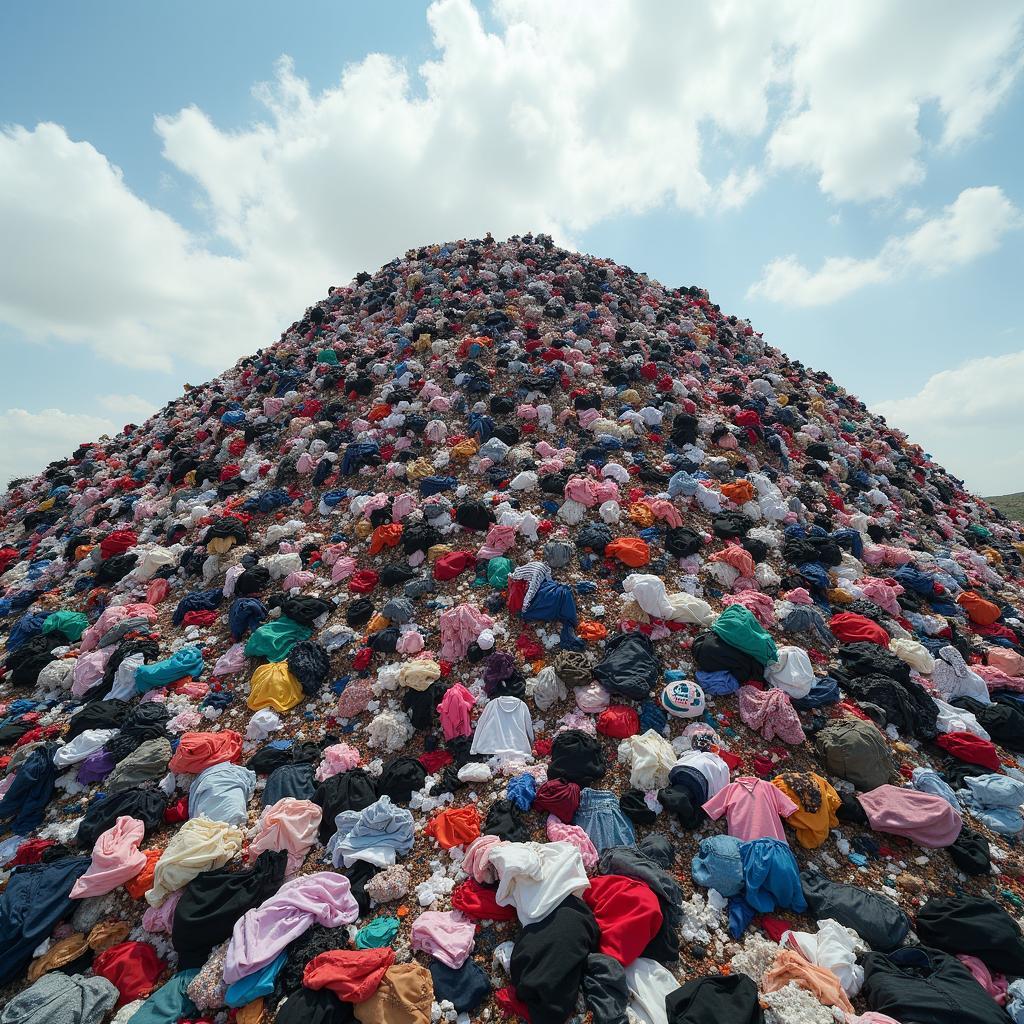 Pile of discarded clothing in a landfill, symbolizing the fast fashion industry's massive textile waste problem.