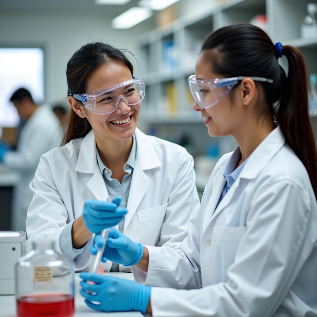 Inspiring female scientist mentoring a student in a research lab, fostering dedication and hard work.