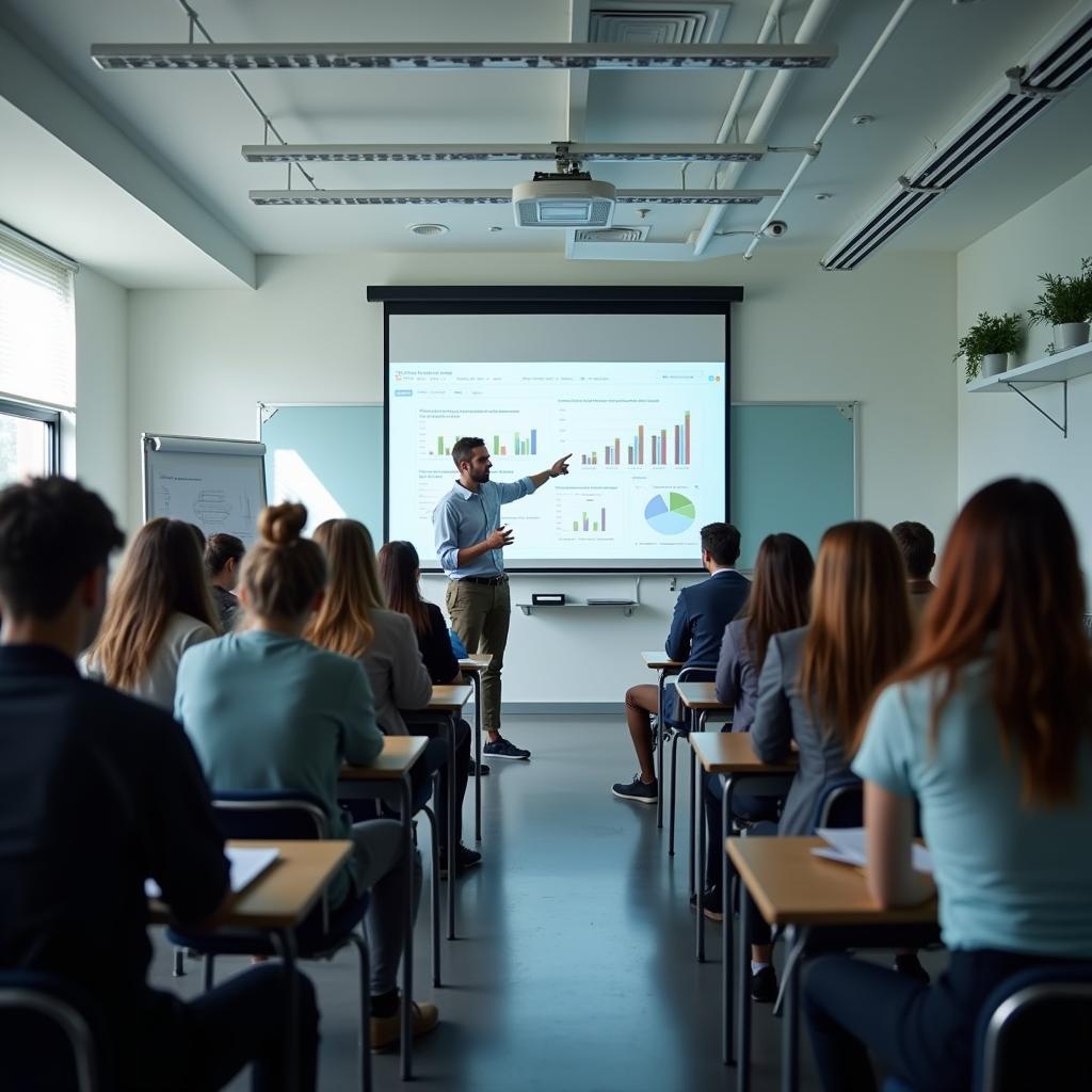 Students learning financial management concepts in modern classroom