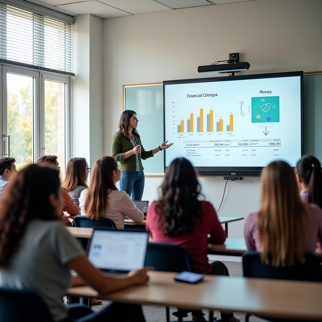Students learning about financial literacy in a modern classroom setting