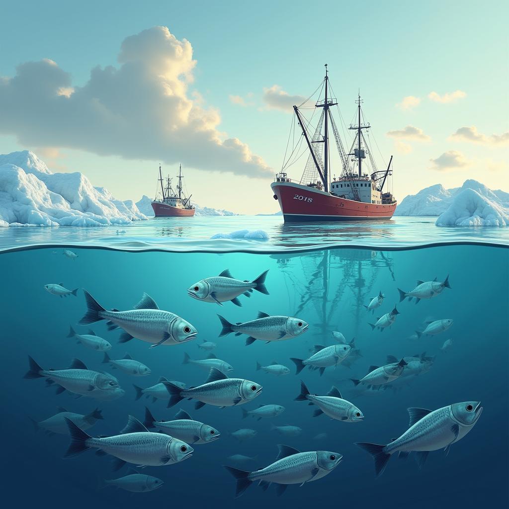 Impact of climate change on fish migration patterns showing fish moving towards colder polar regions and fishing boats nearby.