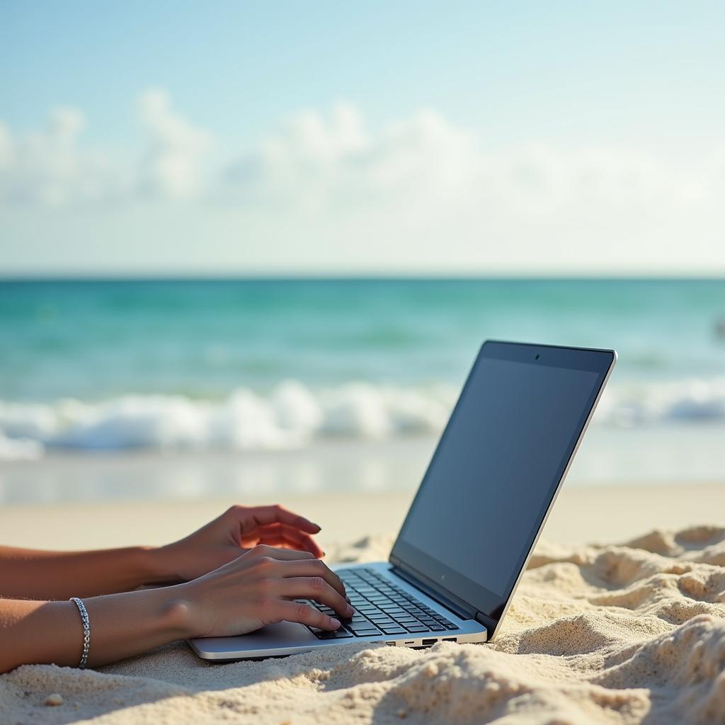 Freelancer working on laptop at the beach showcasing the flexibility and freedom of temporary employment.