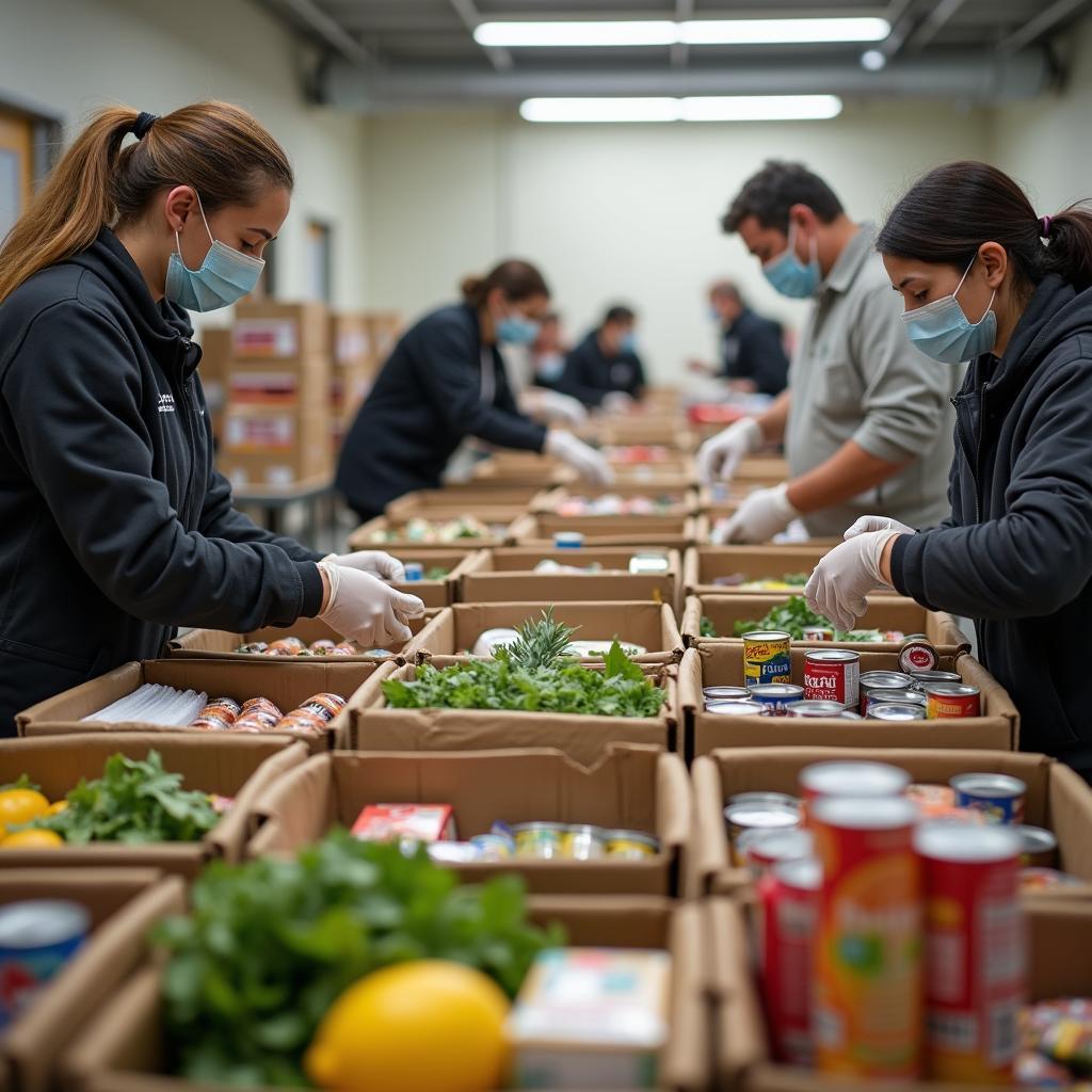 Volunteers wearing protective masks diligently sorting and packing essential food supplies in a busy food bank during the COVID-19 pandemic.