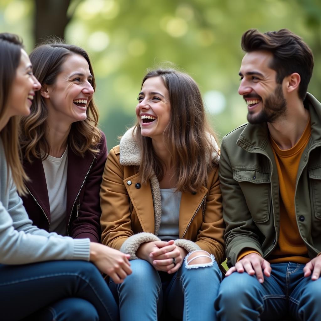 Diverse university friends joyfully laughing together, demonstrating bonding through good humor as per IELTS topic.