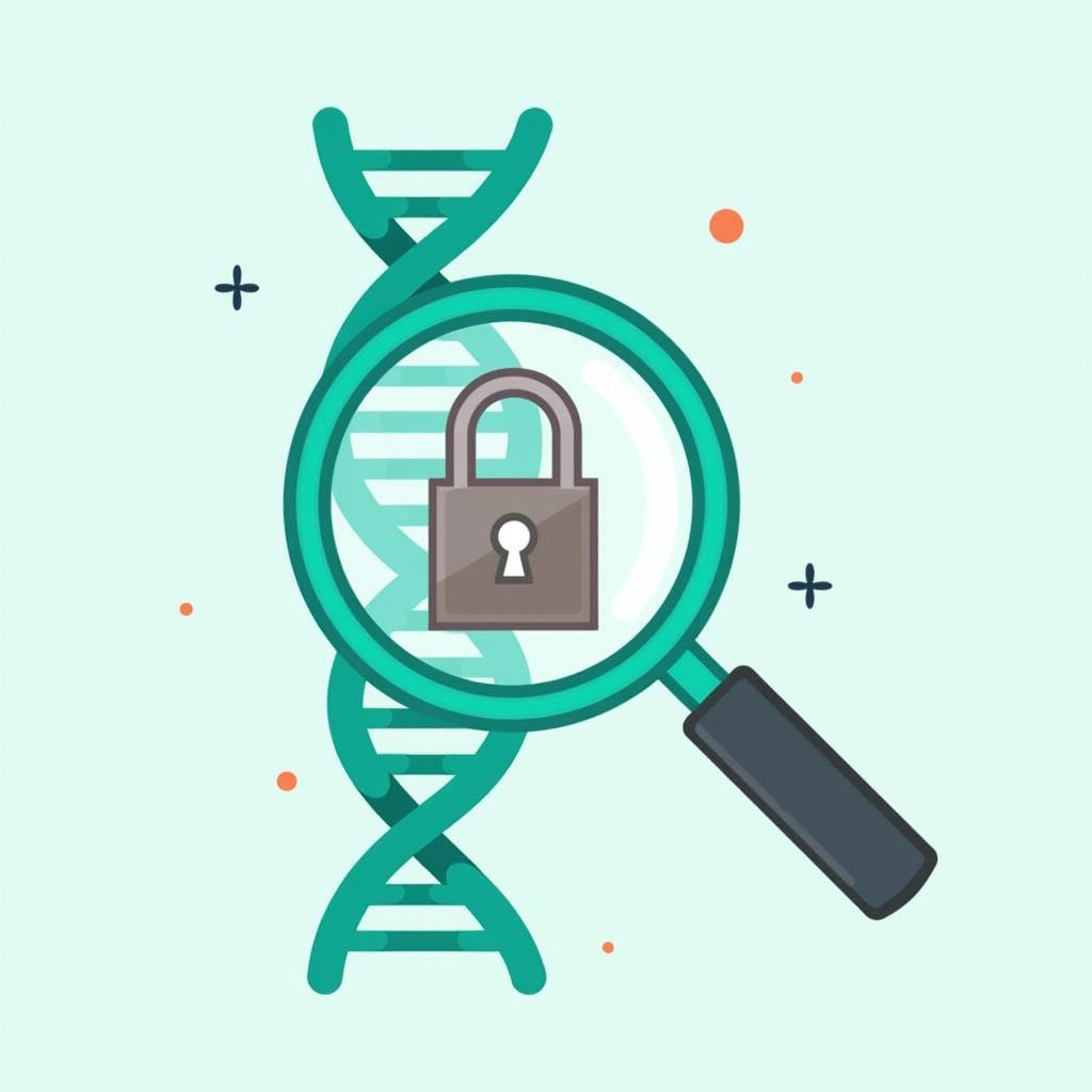 Illustration depicting genetic testing implications on personal privacy with DNA helix and padlock symbol.