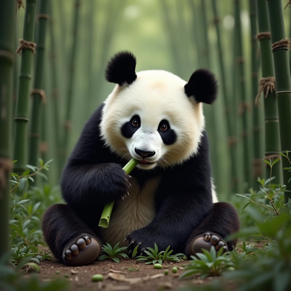 Giant panda peacefully eating bamboo shoots in its natural lush green bamboo forest habitat
