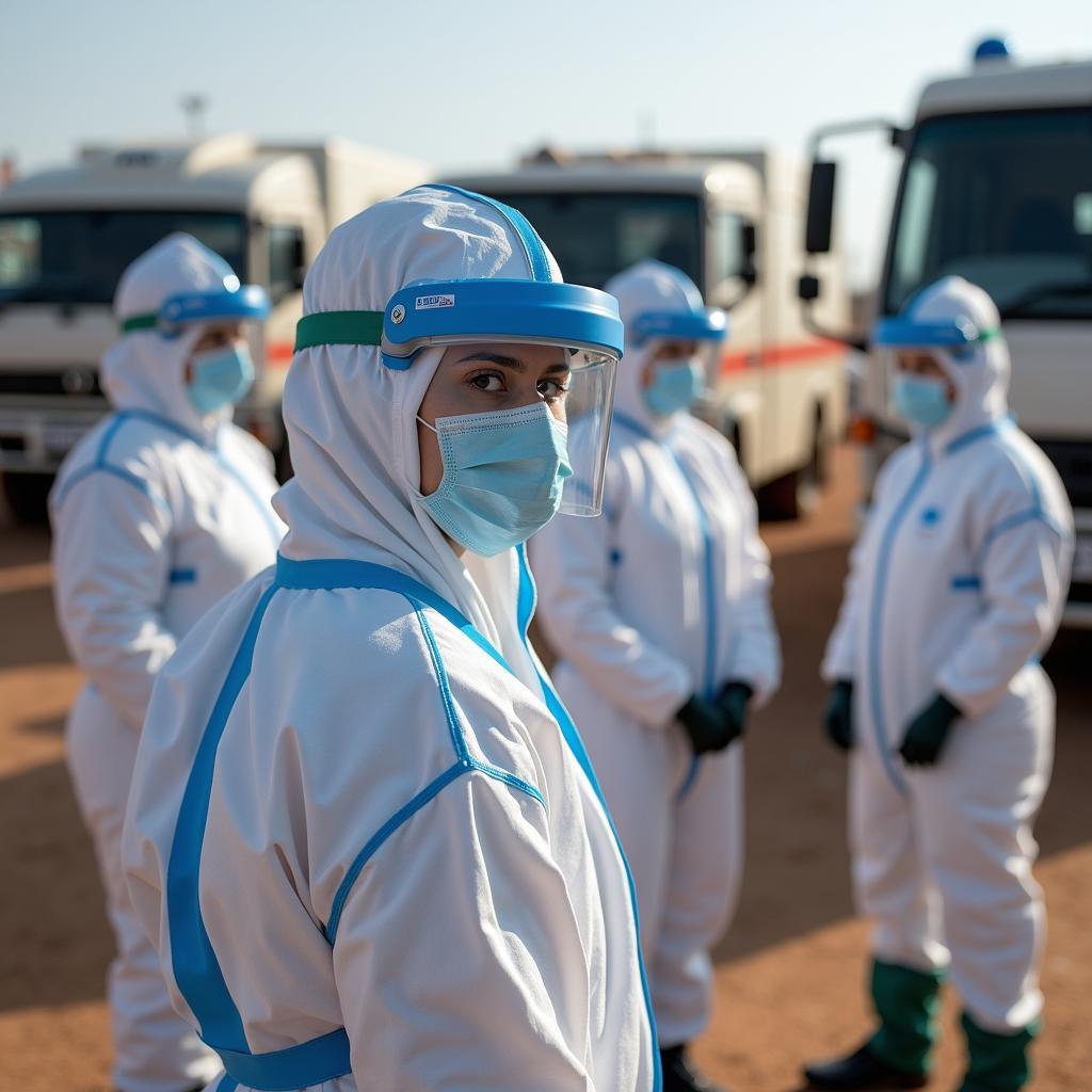 Global health organization's rapid response team in protective gear managing a new virus outbreak effectively.