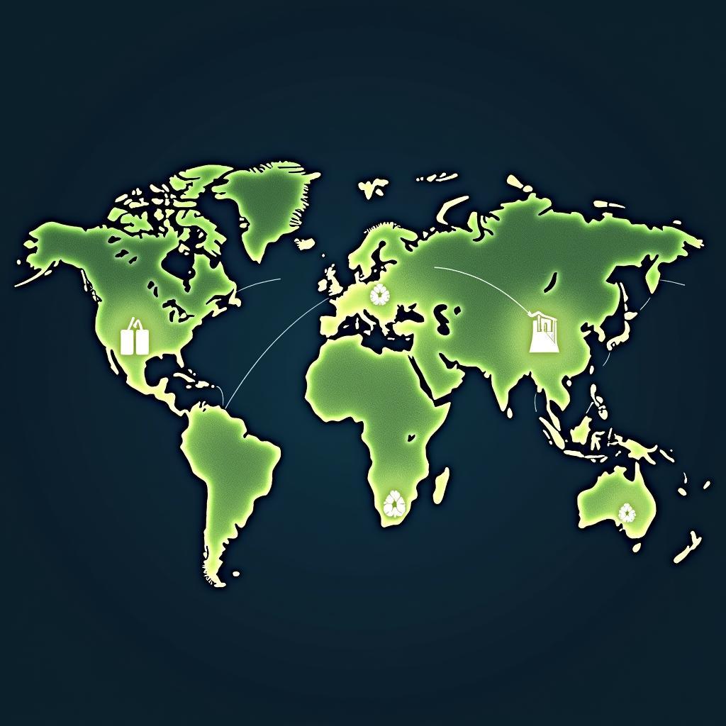 Abstract representation of globalization's impact on environmental policies with interconnected world map and environmental symbols.