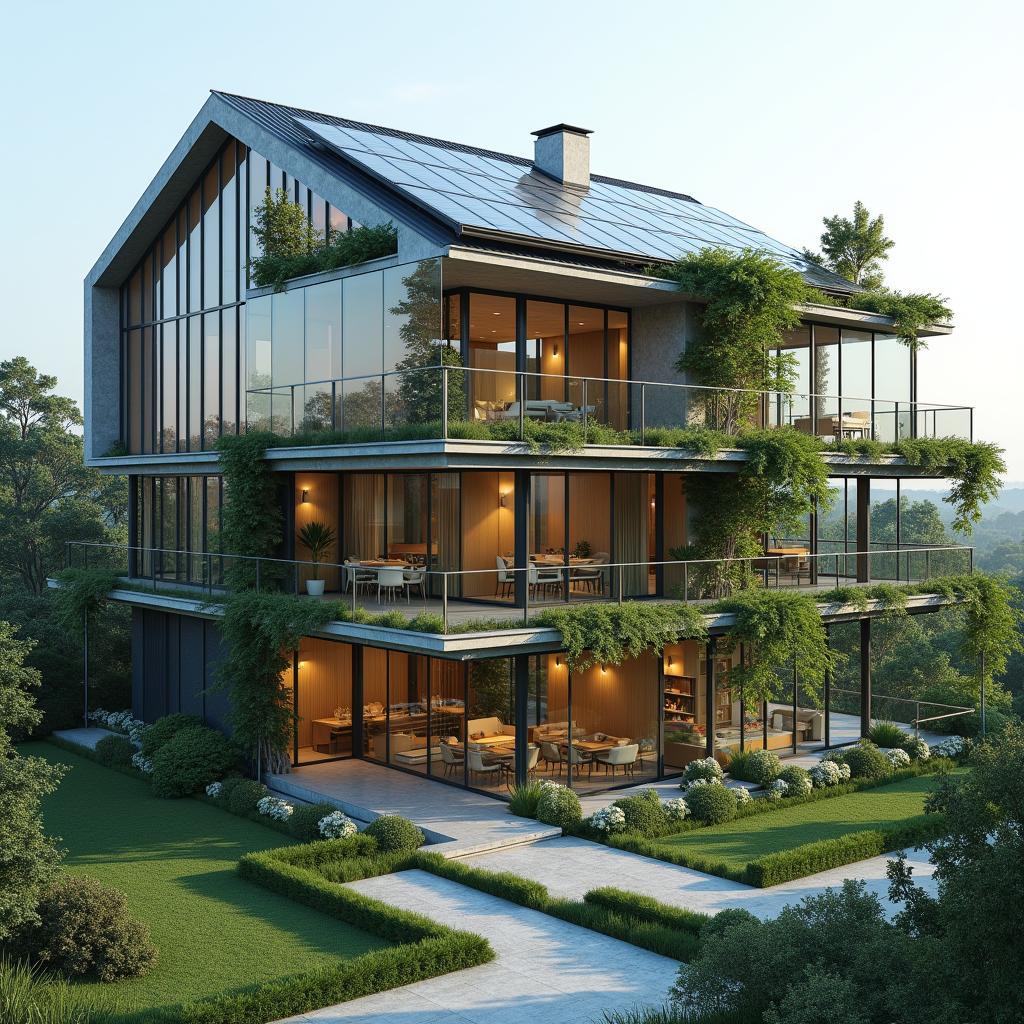 Modern sustainable building with green features and solar panels
