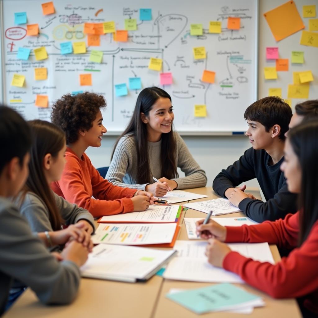Students in a group project meeting collaborating and making a compromise for their university presentation