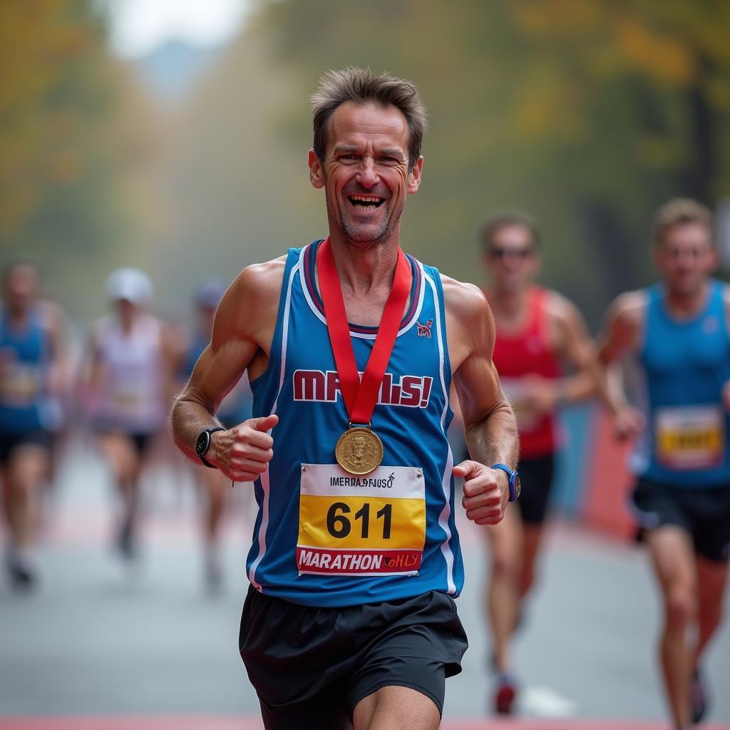 Runner joyfully crossing half marathon finish line celebrating personal goal achievement and endurance success.