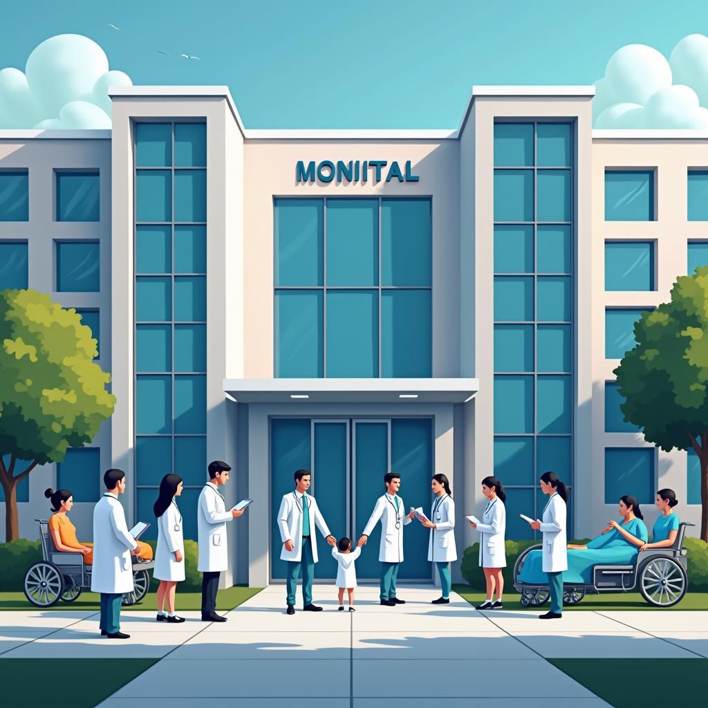 Modern healthcare system showing hospitals doctors and patients