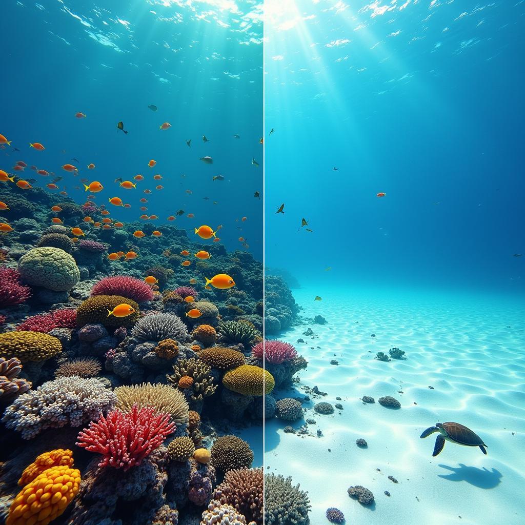 Healthy vibrant coral reef contrasted with bleached coral reef highlighting climate change impact on marine life.