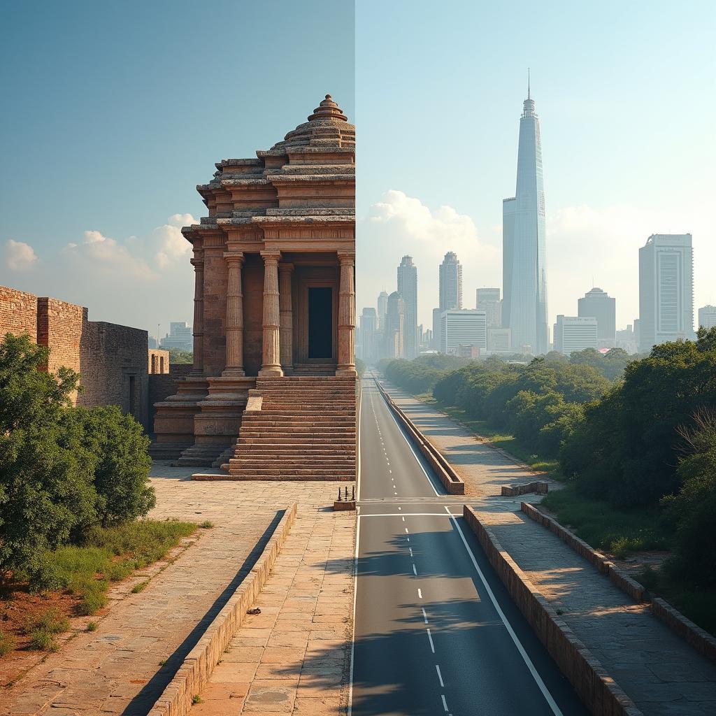 Historical buildings contrasted with modern urban development