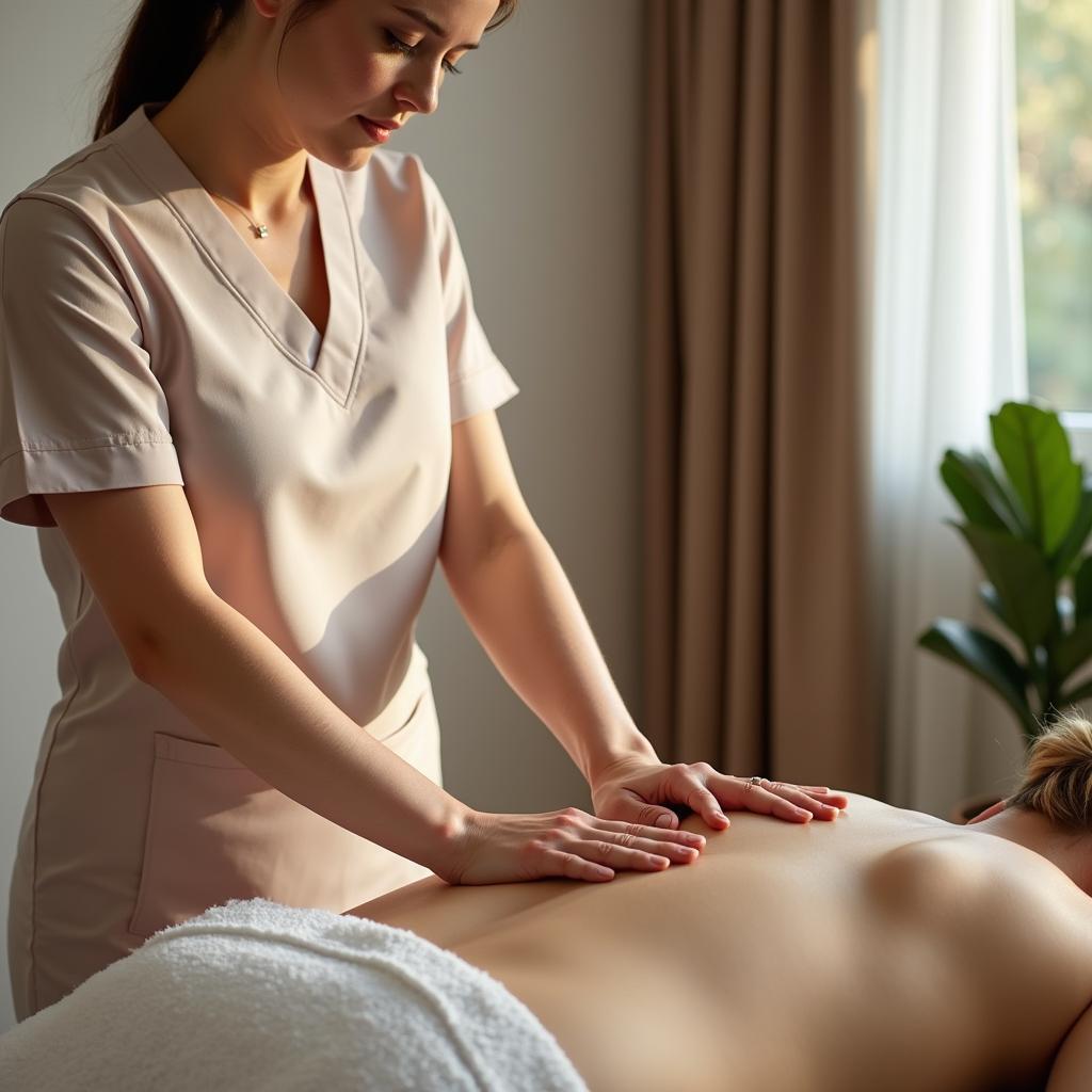 Therapist's hands performing holistic massage on client's back for relaxation and overall well-being in a session.