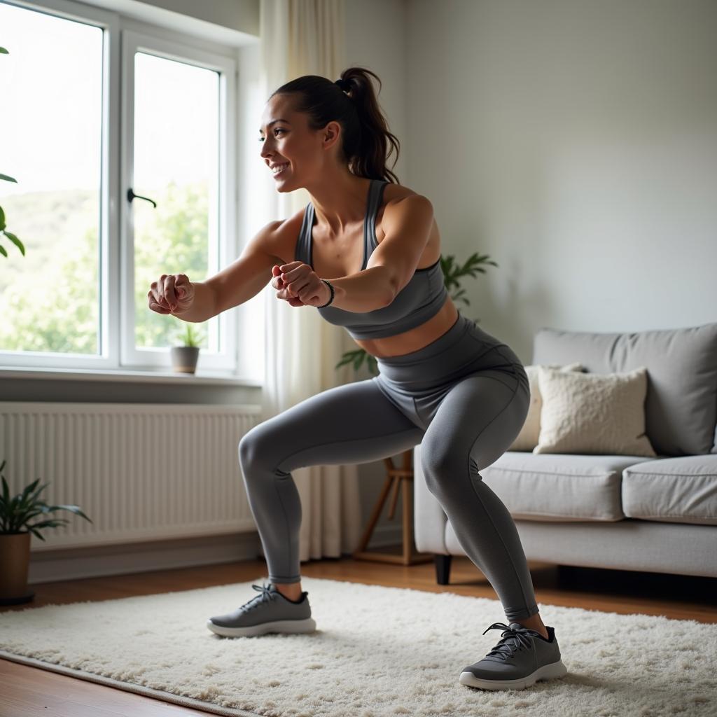 Person doing bodyweight exercises like squats or push-ups in living room for gym-free fitness.