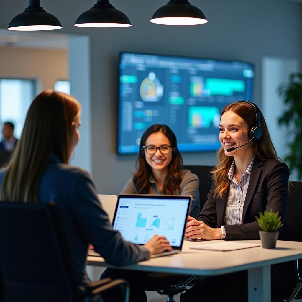 Customer service representatives working alongside AI systems in a modern office