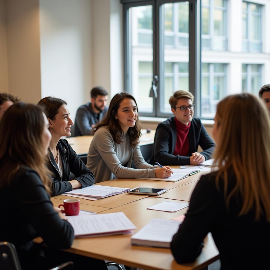 IELTS candidates discussing human rights protection perspectives in academic setting