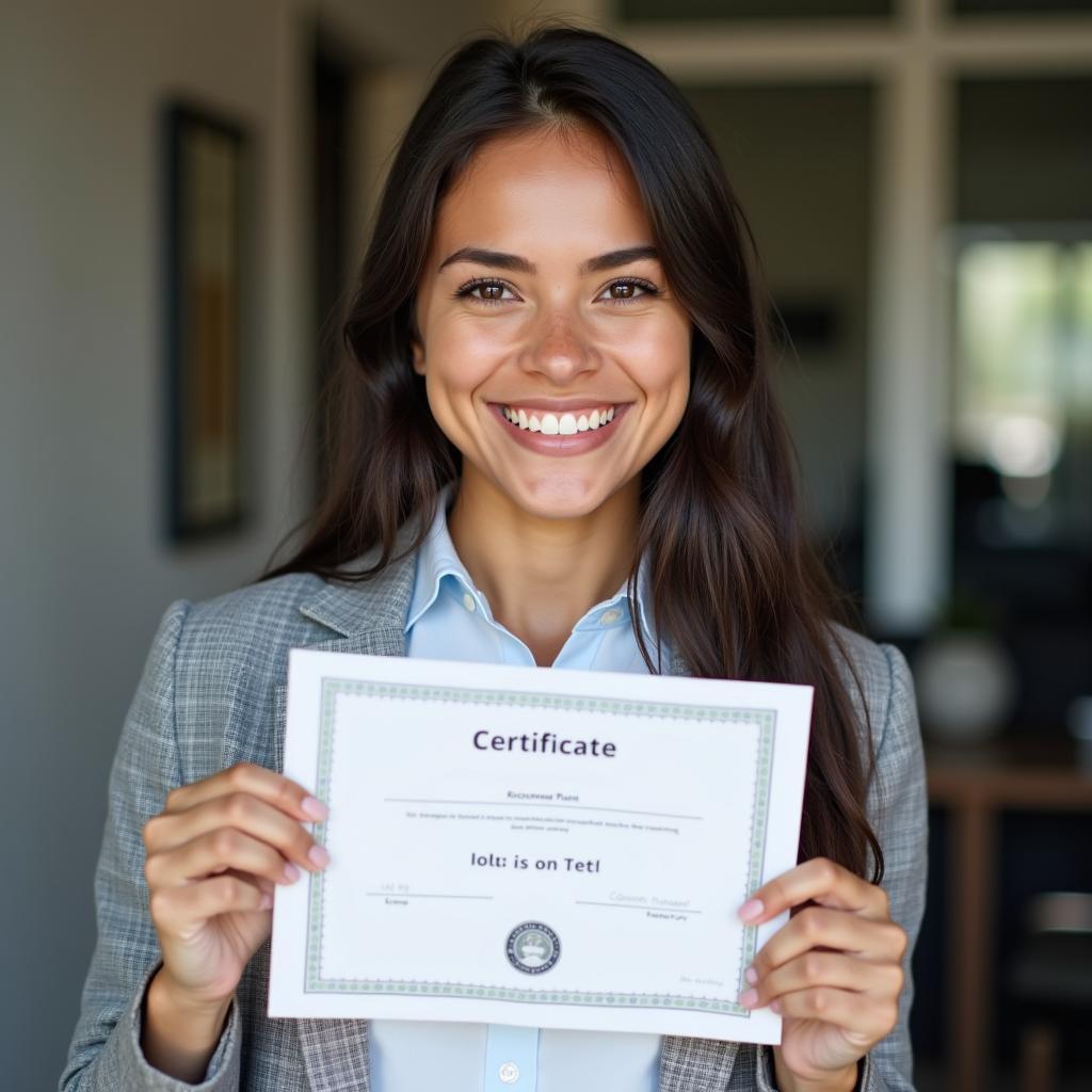Successful student proudly displays IELTS exam certificate, feeling on a roll after dedicated preparation.