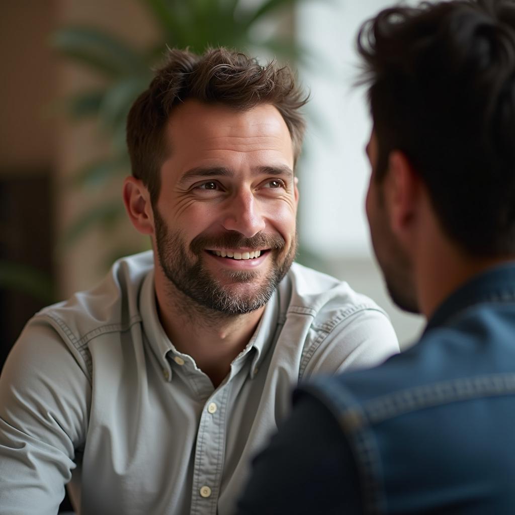 Man attentively listening with eye contact, illustrating a good listener for IELTS Speaking test.