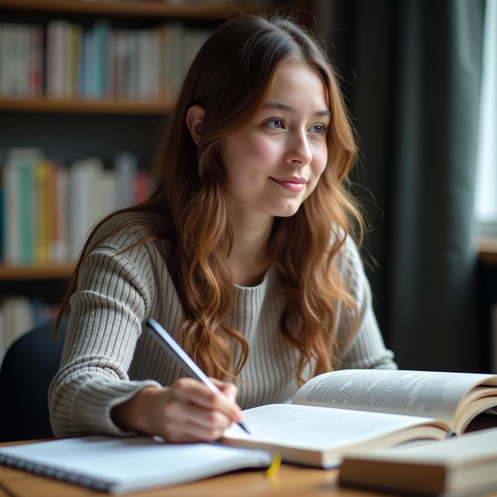 Student preparing for IELTS Speaking test by reading books on a desk with notes and pen.