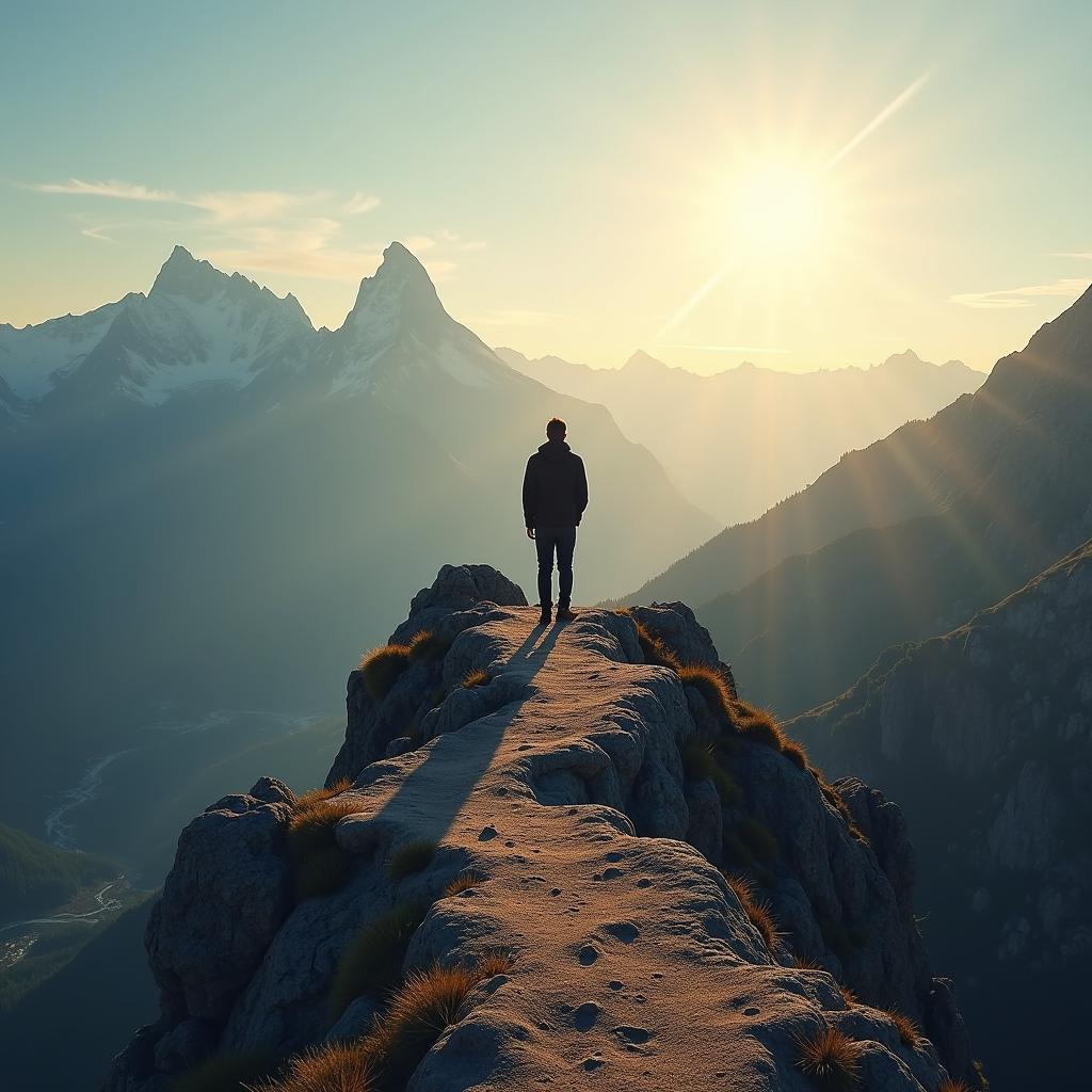 Figure at challenging mountain path, symbolizing crucial life hurdles for personal growth and discovering potential.