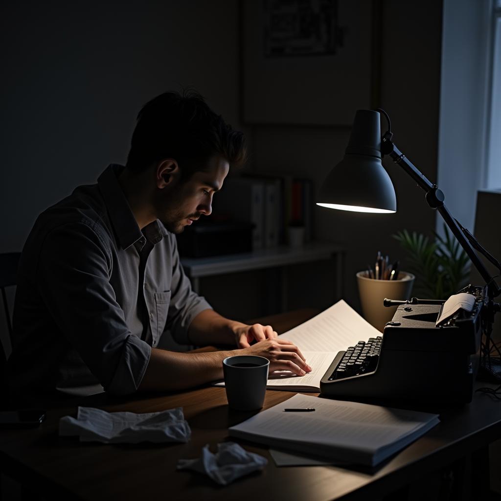 Professional journalist illustrating good writing skills, typing intently on vintage typewriter in dimly lit office.