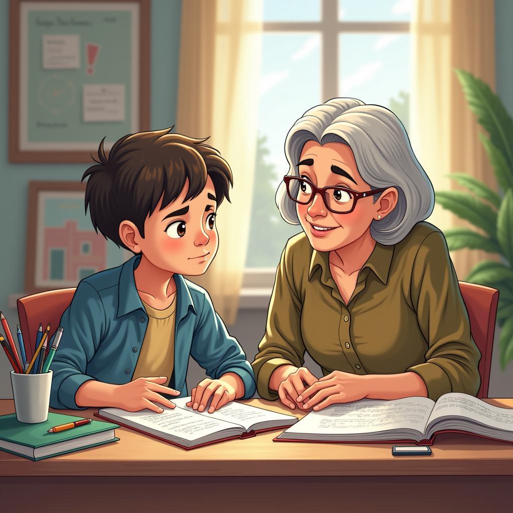 IELTS speaking example: tutor helping younger student with challenging math problems for academic success and confidence.