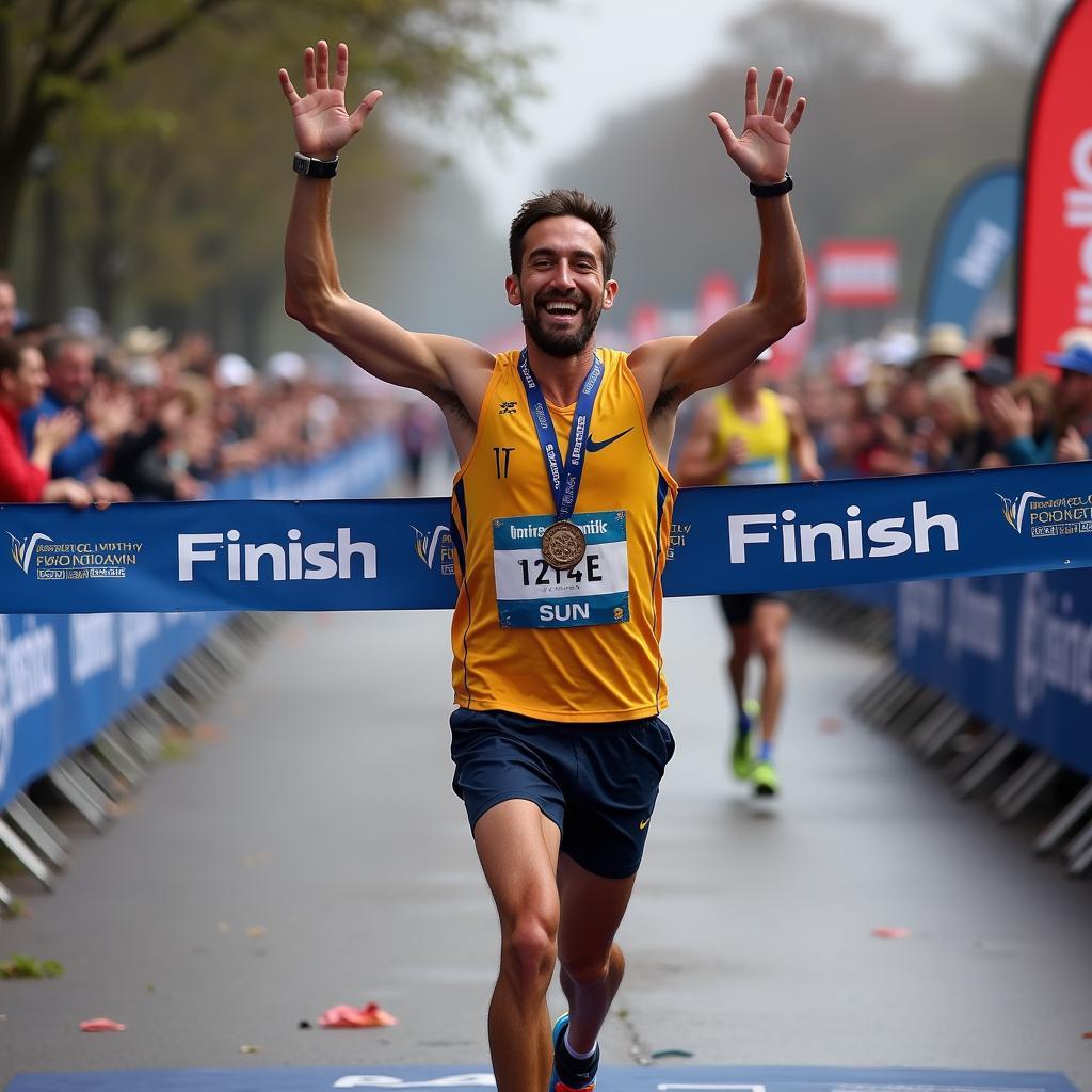 Proud runner crossing marathon finish line a key personal achievement for IELTS speaking practice
