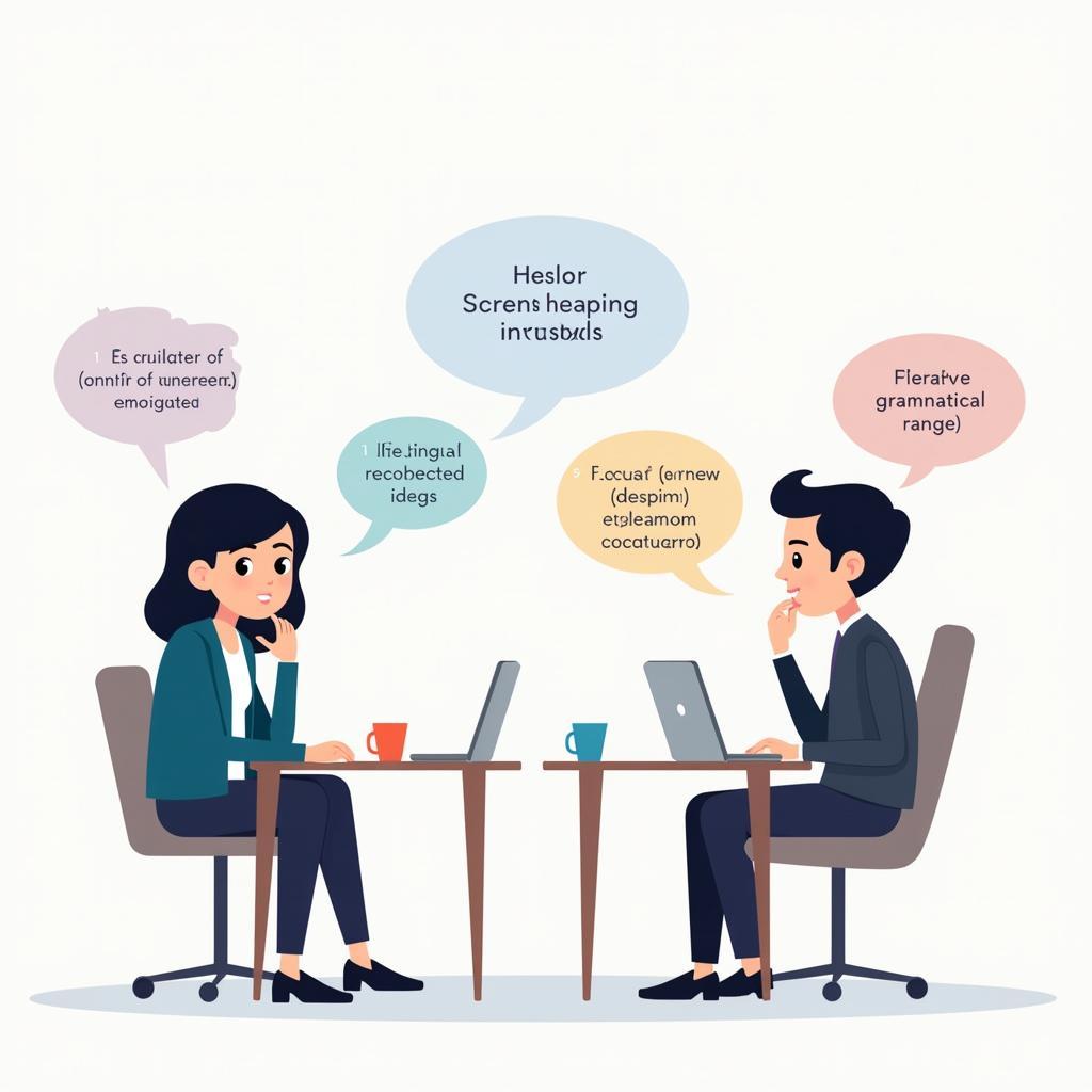 IELTS Speaking test examiner evaluating candidate based on fluency, coherence, lexical resource, and grammar.