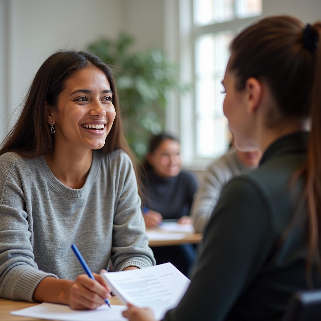 Student participating in IELTS Speaking test demonstrating English communication skills for evaluation