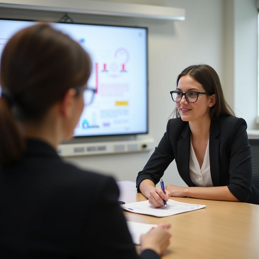 IELTS Speaking Test interaction: examiner listens to candidate in formal assessment room setting.