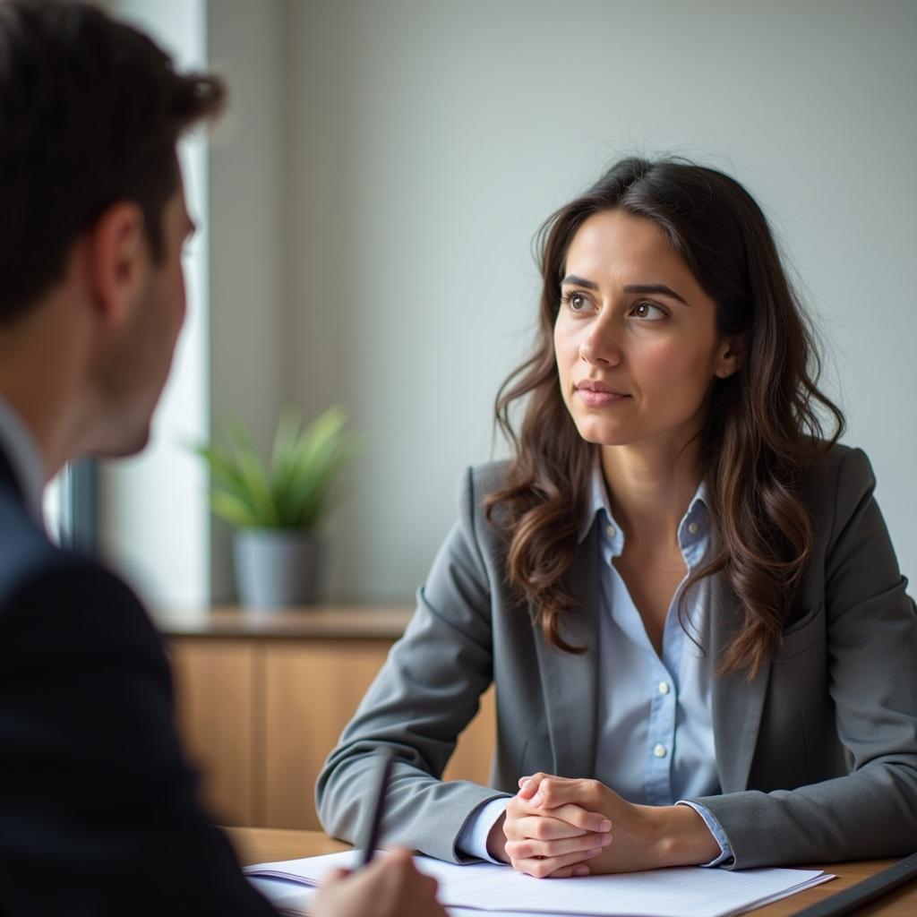 IELTS speaking test in progress with an examiner assessing a candidate's English communication skills.