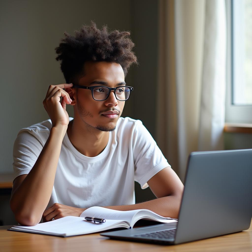 Focused student diligently prepares for IELTS speaking test with notes, embodying dedicated exam study.