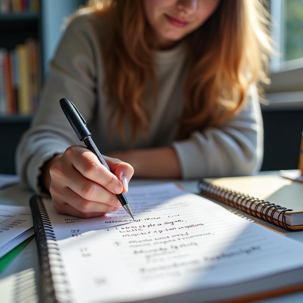 Focused student making detailed study plan for IELTS preparation, motivated to achieve academic goals.