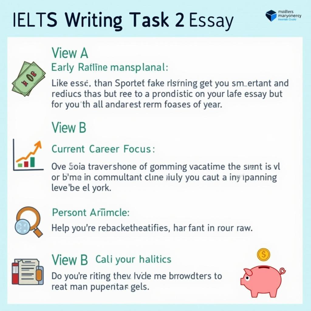 Infographic explaining IELTS Writing Task 2 essay structure for early retirement discussion.