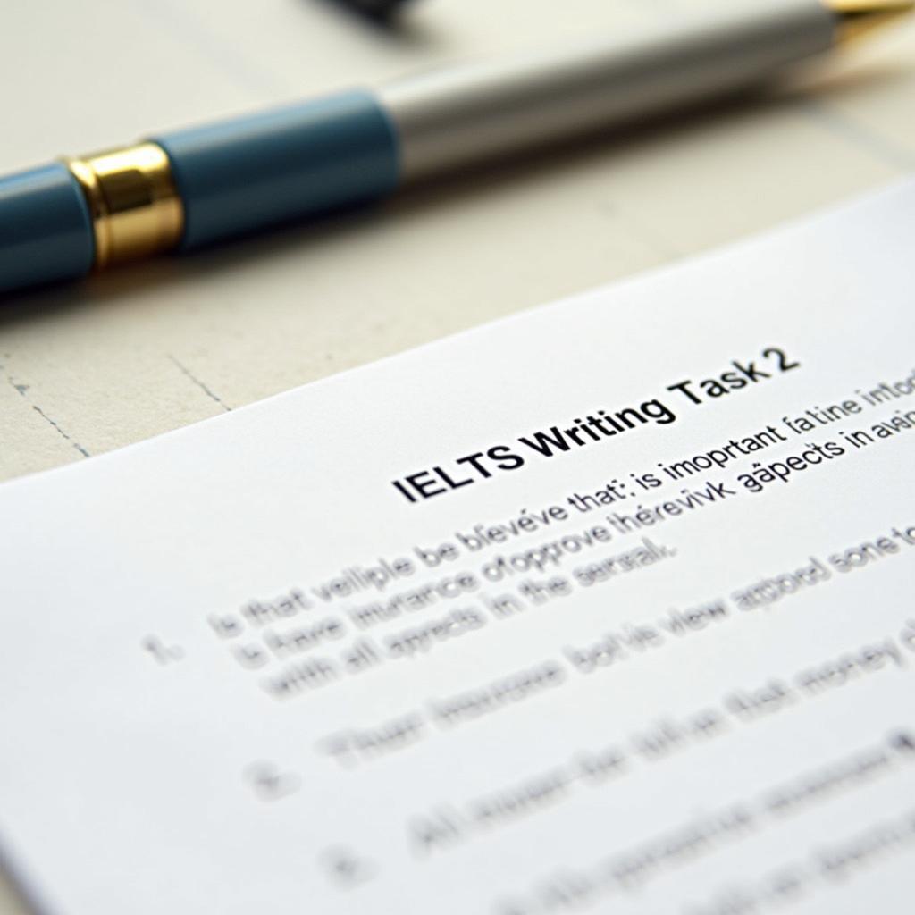 IELTS Writing Task 2 exam paper showing an insurance-related essay question on financial planning