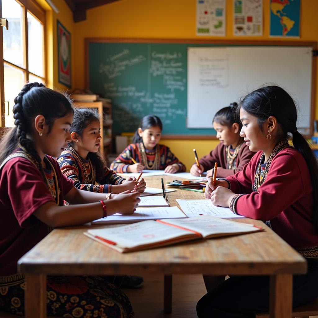 Indigenous students learning their traditional language in a modern classroom