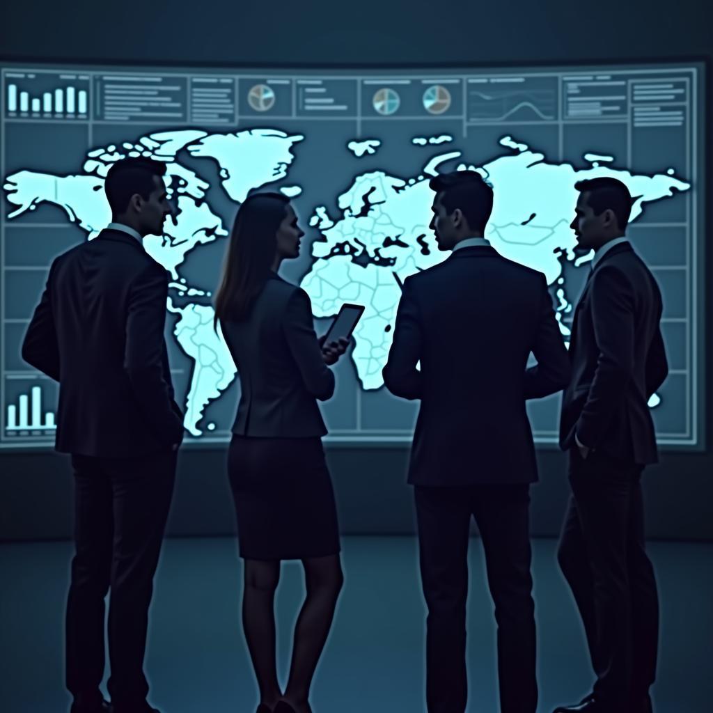 International government officials strategize cybersecurity collaborations using data dashboards for enhanced global security analysis.