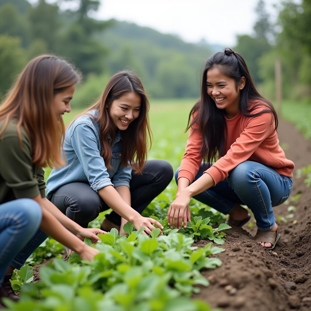 Diverse international students collaborating on sustainable farming community project in rural Thailand