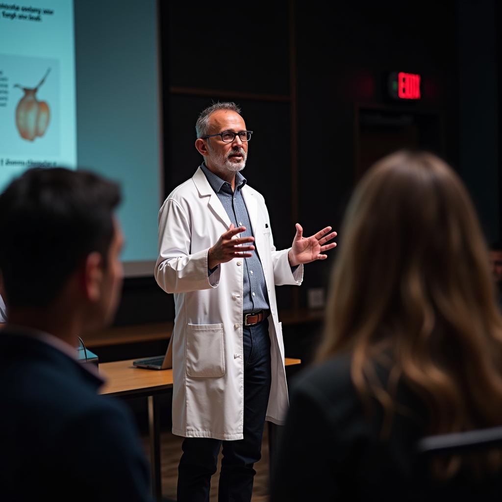 Knowledgeable expert, scientist or professor, presenting to an audience in their field of expertise.