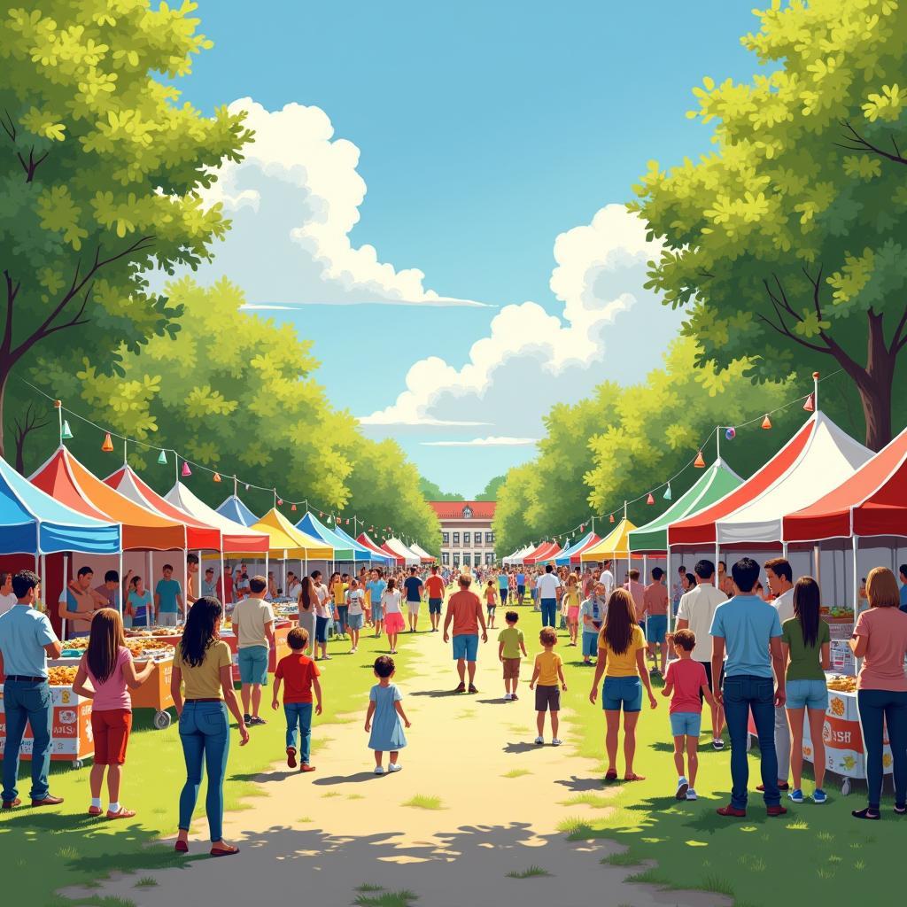 Families and friends enjoying a vibrant local spring fair in a park with stalls and entertainment