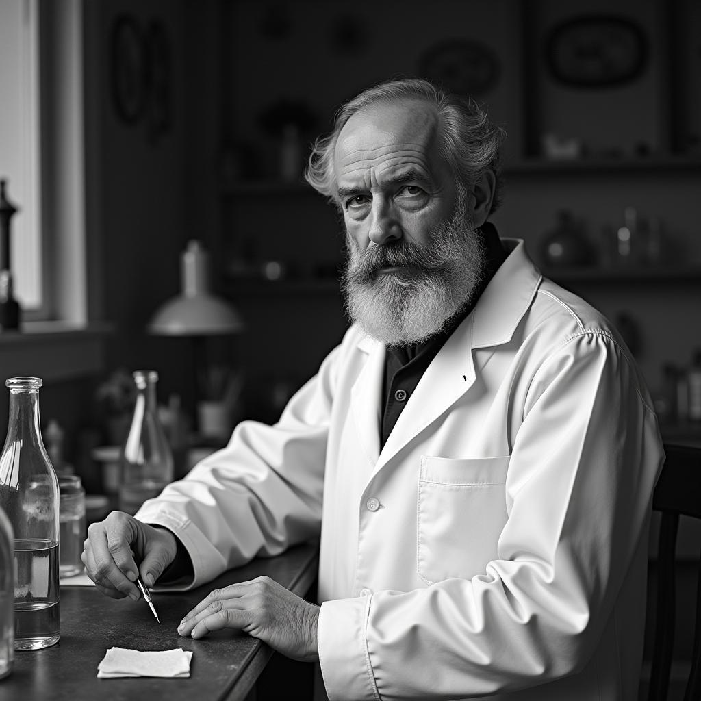 Historical portrait of scientist Louis Pasteur thoughtfully posing in his working laboratory environment.