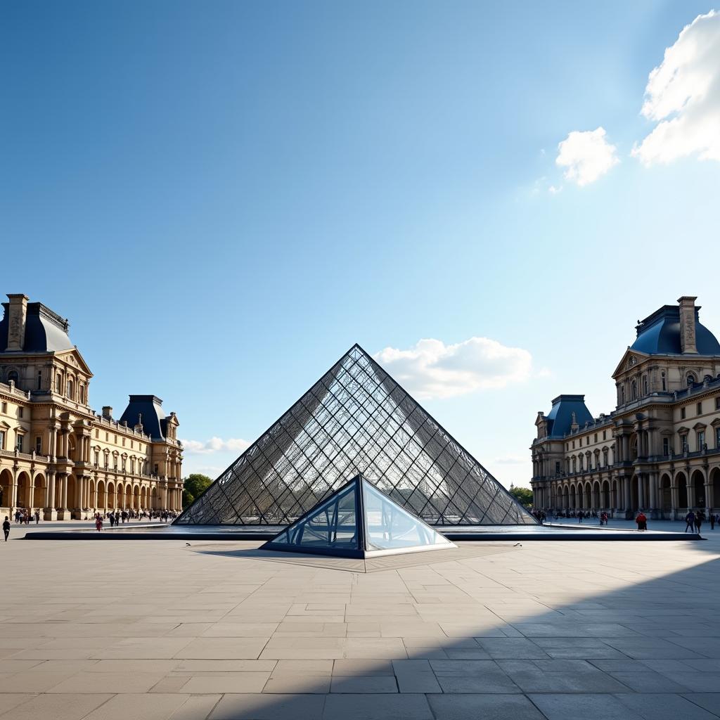 Iconic Louvre Museum in Paris featuring its famous glass pyramid entrance under a clear blue sky.