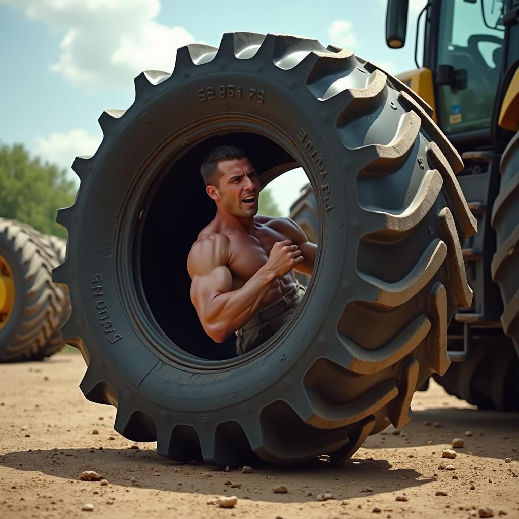 Athlete performing a tire flip exercise for strength training and fitness development