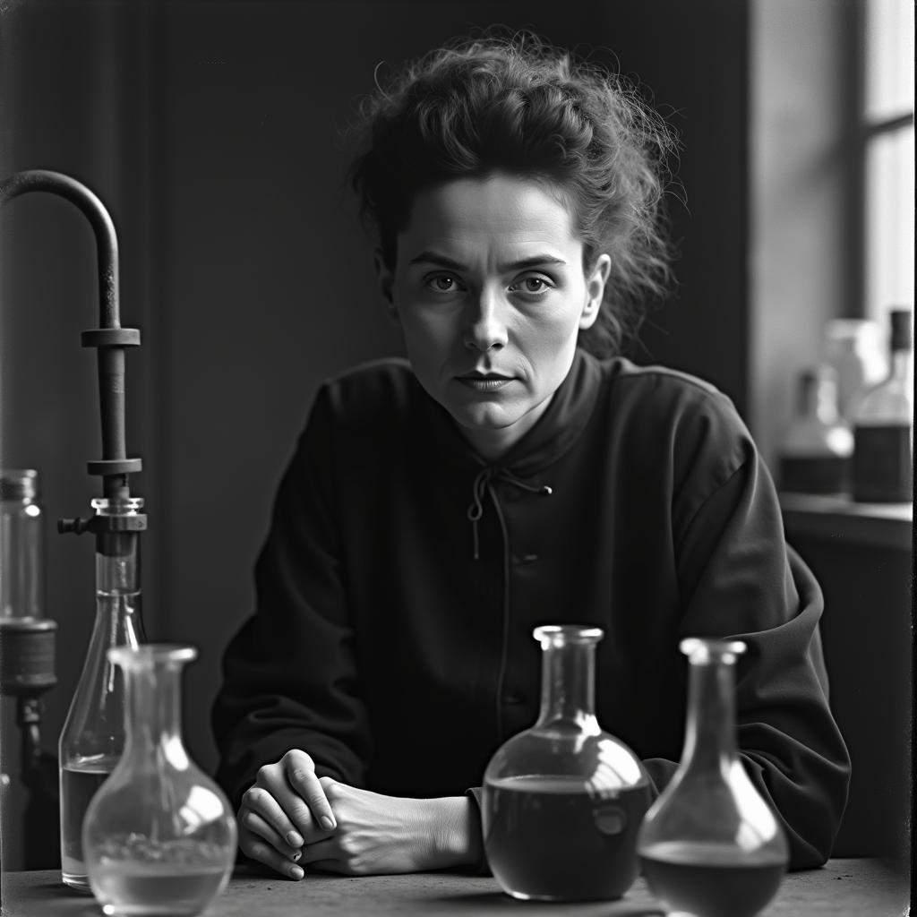 Portrait of Marie Curie, pioneering scientist in her lab, known for groundbreaking radioactivity research and Nobel prizes.