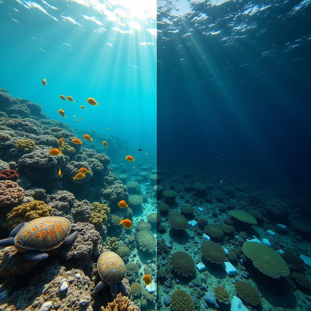 Comparison of a healthy vibrant marine ecosystem versus a polluted ocean, highlighting conservation needs.