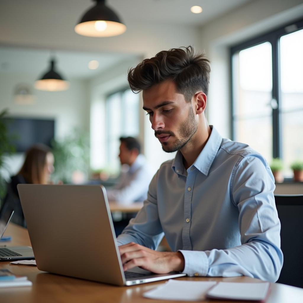 Professional marketing manager diligently working on a laptop in a modern tech startup office environment.