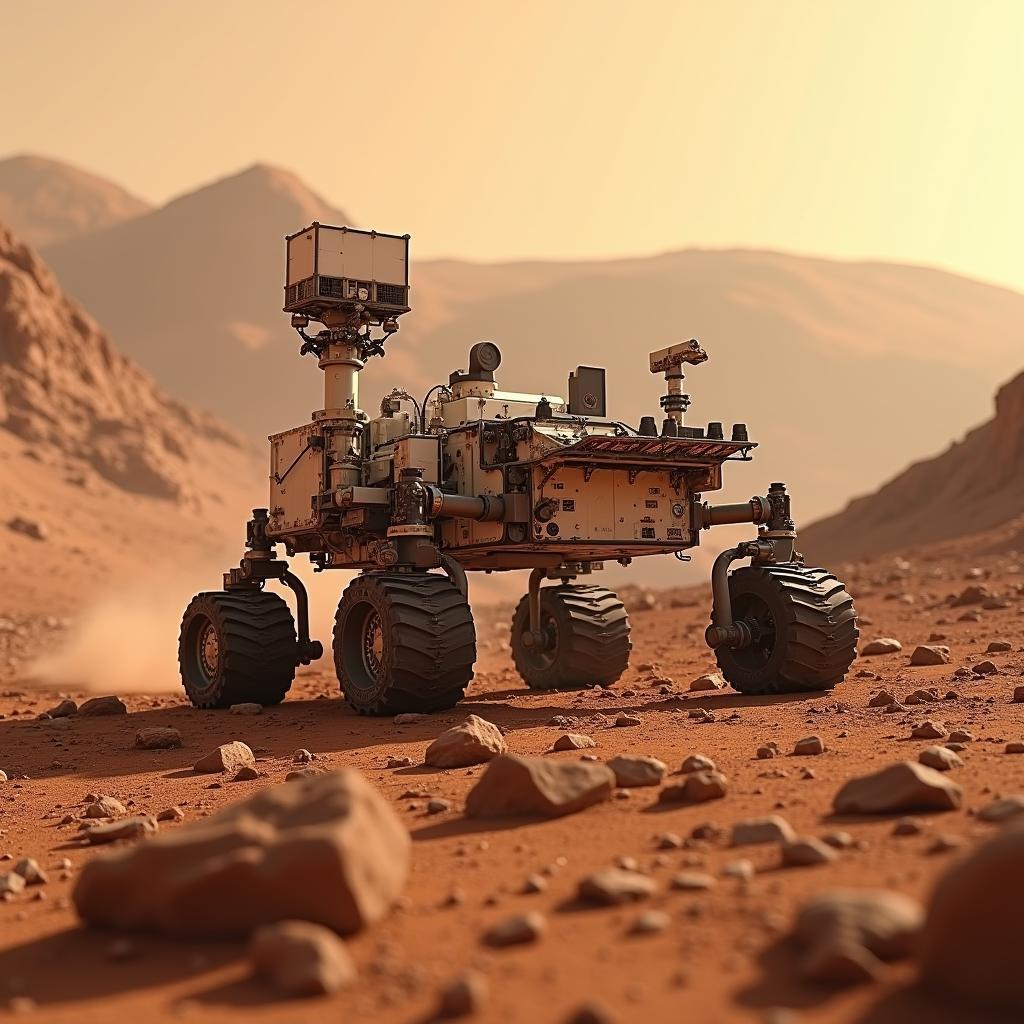 Mars rover exploring desolate red rocky surface of Mars with distant hills under hazy sky.